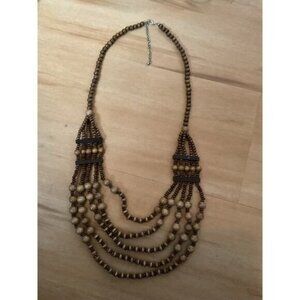 Wooden Beaded Multi-Strand Necklace With Adjustable Chain